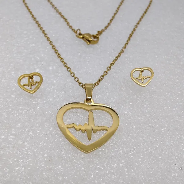 Gold_Plated_Anti_Tanrish_Stainless_Steel_Heartbeat_Pulse_Pendant_Necklace_And_Earrings_Set_For_Women_And_Girls