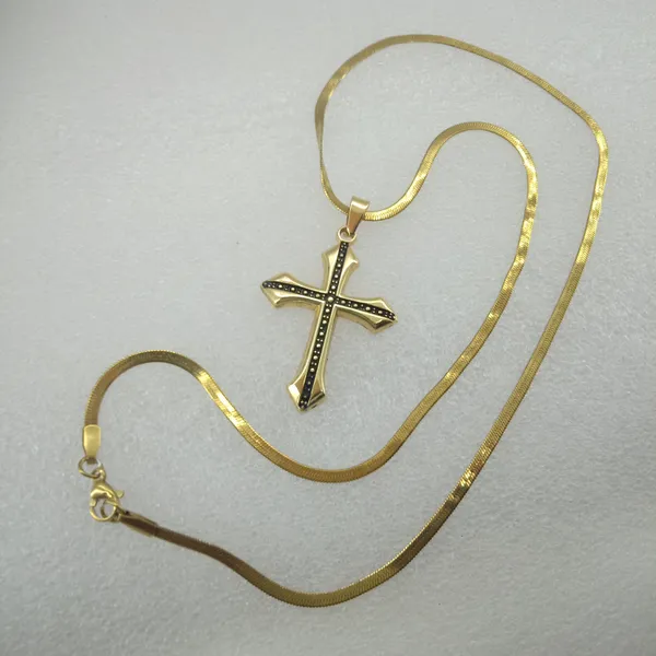 Gold_Stainless_Steel_Gothic_Black_Dotted_Cross_Pendant_Necklace_For_Men