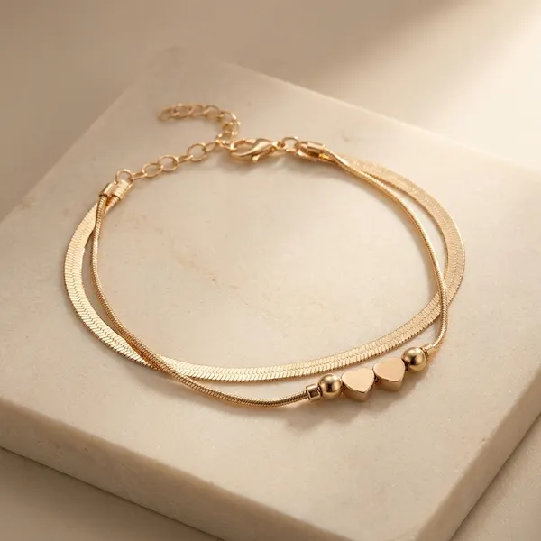Double_Layer_Heart_Charm_Herringbone_Anklet_For_Women_Girls_Anti_Tarnish_Gold_Tone_Flat_Snake_Chain_Ankle_Bracelet_With_Beads_Adjustable_Minimalist_Fashion_Jewellery