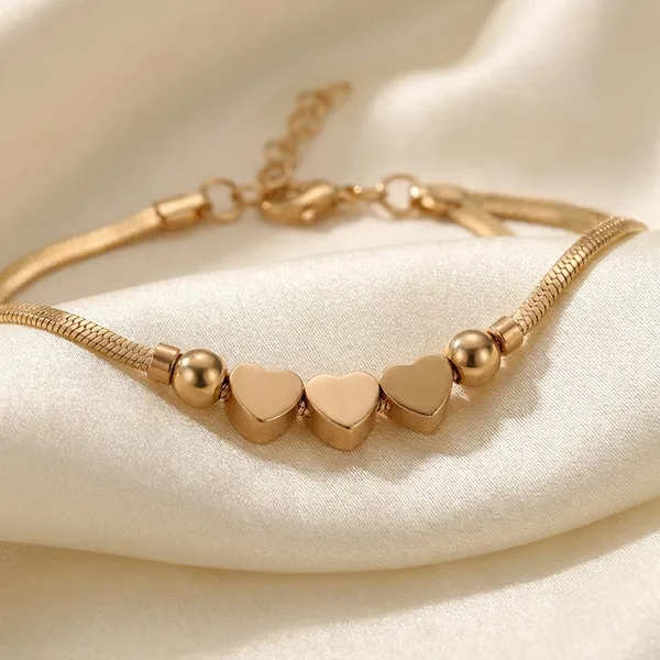 Double_Layer_Heart_Charm_Herringbone_Anklet_For_Women_Girls_Anti_Tarnish_Gold_Tone_Flat_Snake_Chain_Ankle_Bracelet_With_Beads_Adjustable_Minimalist_Fashion_Jewellery