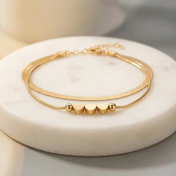 Double_Layer_Heart_Charm_Herringbone_Anklet_For_Women_Girls_Anti_Tarnish_Gold_Tone_Flat_Snake_Chain_Ankle_Bracelet_With_Beads_Adjustable_Minimalist_Fashion_Jewellery