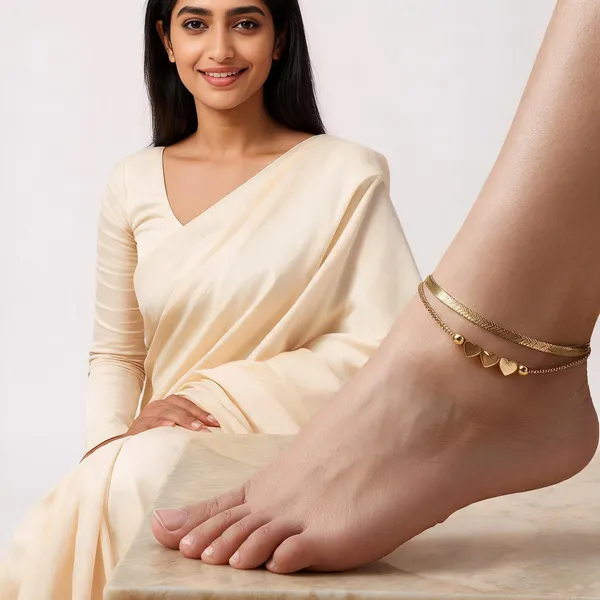 Double_Layer_Heart_Charm_Herringbone_Anklet_For_Women_Girls_Anti_Tarnish_Gold_Tone_Flat_Snake_Chain_Ankle_Bracelet_With_Beads_Adjustable_Minimalist_Fashion_Jewellery
