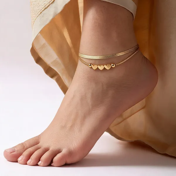 Double_Layer_Heart_Charm_Herringbone_Anklet_For_Women_Girls_Anti_Tarnish_Gold_Tone_Flat_Snake_Chain_Ankle_Bracelet_With_Beads_Adjustable_Minimalist_Fashion_Jewellery