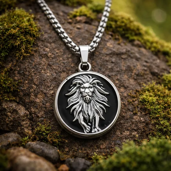 Anti_Tarnish_Silver_And_Black_Lion_Medallion_Pendant_Necklace_With_Stainless_Steel_Box_Chain_For_Men_And_Boys