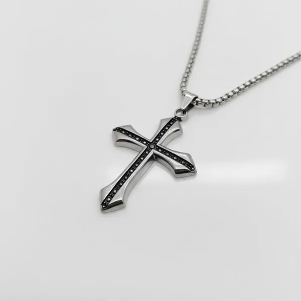 Silver_Stainless_Steel_Gothic_Black_Dotted_Cross_Pendant_Necklace_For_Men