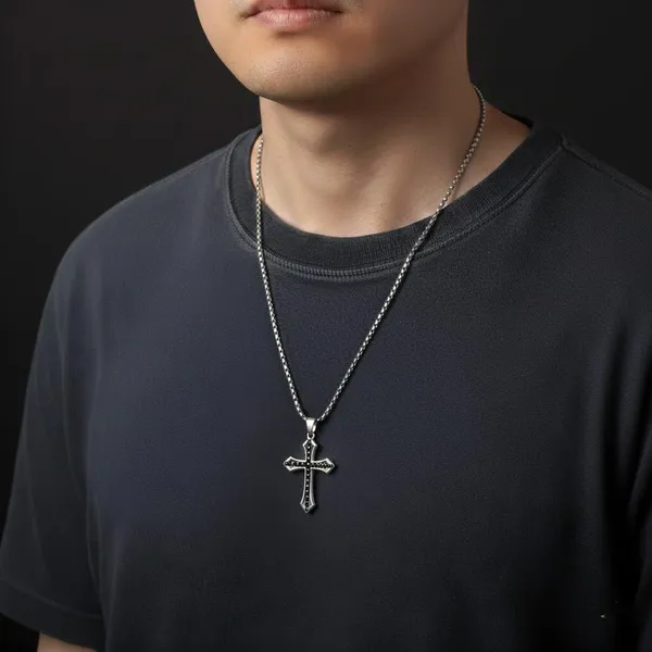 Silver_Stainless_Steel_Gothic_Black_Dotted_Cross_Pendant_Necklace_For_Men