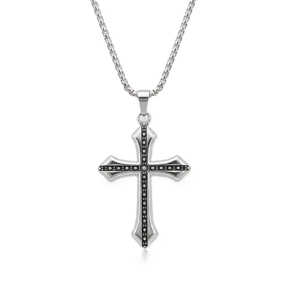 Silver_Stainless_Steel_Gothic_Black_Dotted_Cross_Pendant_Necklace_For_Men