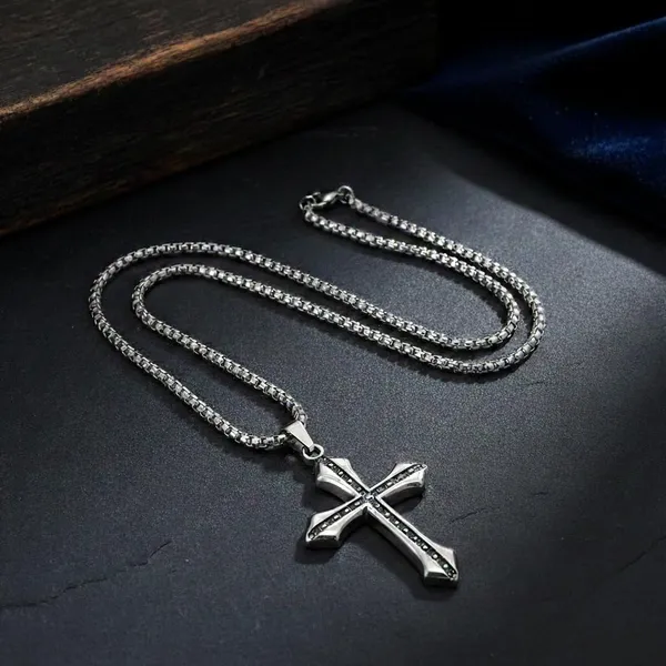 Silver_Stainless_Steel_Gothic_Black_Dotted_Cross_Pendant_Necklace_For_Men