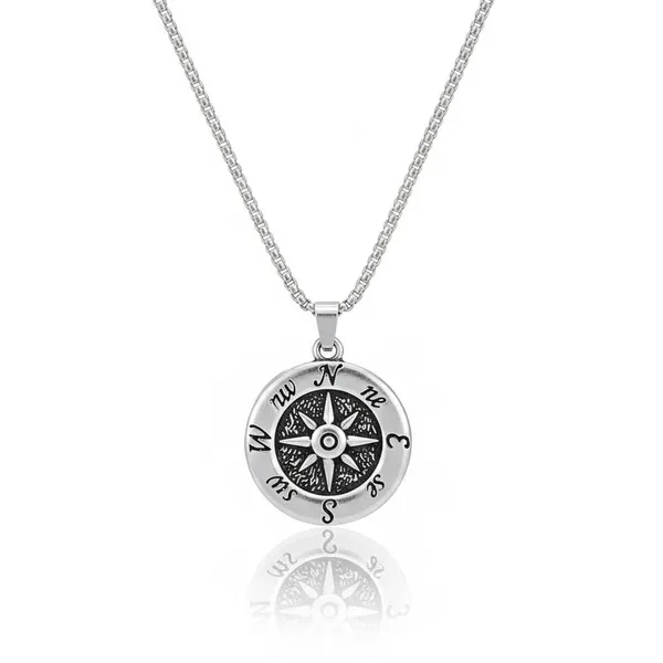 Compass_Pendant_Necklace_For_Men_/_Boys_Symbol_Of_Direction_And_Strength_Silver_Tone_Anti_Tarnish_Stainless_Steel_Chain_Jewelry