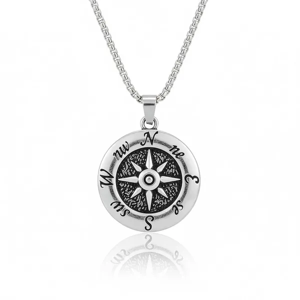 Compass_Pendant_Necklace_For_Men_/_Boys_Symbol_Of_Direction_And_Strength_Silver_Tone_Anti_Tarnish_Stainless_Steel_Chain_Jewelry