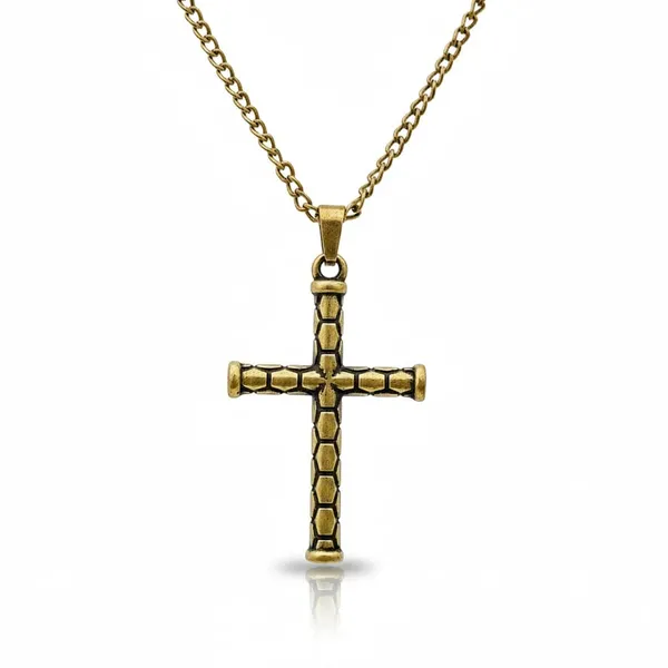 Gold_Stainless_Steel_Textured_Cobblestone_Cross_Pendant_Necklace_For_Men
