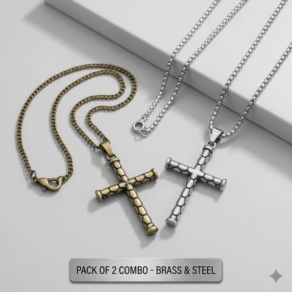 Gold_Silver_Stainless_Steel_Textured_Cross_Pendant_Necklace_Combo_For_Men