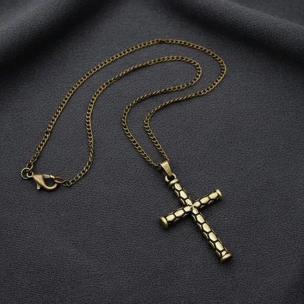 Gold_Stainless_Steel_Textured_Cobblestone_Cross_Pendant_Necklace_For_Men