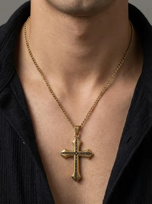 Gold_Plated_Gothic_Style_Cross_Pendant_Necklace_With_Black_Dotted_Pattern_For_Women_Elegant_Classic_Faith_Symbol