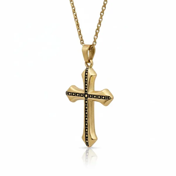 Gold_Plated_Gothic_Style_Cross_Pendant_Necklace_With_Black_Dotted_Pattern_For_Women_Elegant_Classic_Faith_Symbol