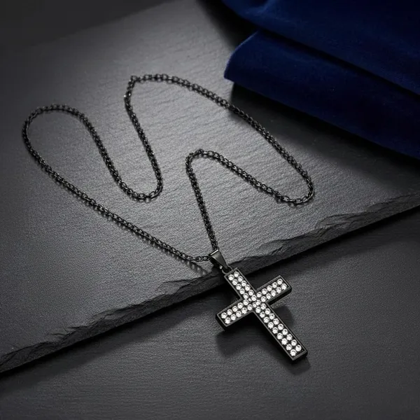 Black_Stainless_Steel_Cubic_Zirconia_Cross_Pendant_Necklace_For_Men