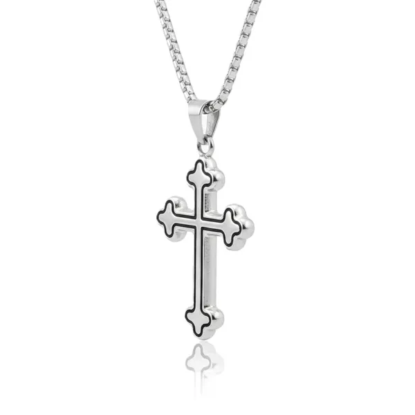 Silver_Stainless_Steel_Black_Inlay_Cross_Pendant_Necklace_For_Men