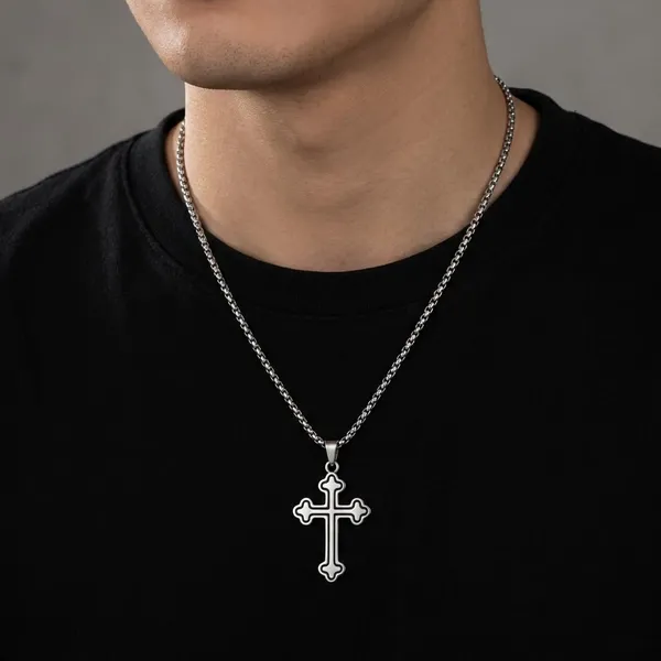 Silver_Stainless_Steel_Black_Inlay_Cross_Pendant_Necklace_For_Men