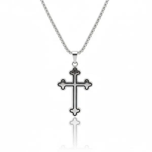 Silver_Stainless_Steel_Black_Inlay_Cross_Pendant_Necklace_For_Men