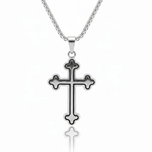 Silver_Stainless_Steel_Black_Inlay_Cross_Pendant_Necklace_For_Men