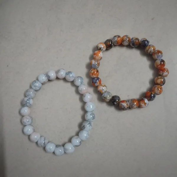 White_And_Orange_Marble_Pattern_Glass_Bead_Stretch_Bracelet_Combo_Set_Of_2_Unisex_Beaded_Bracelet_For_Men_And_Women_Boho_Casual_Everyday_Bracelet_Gift