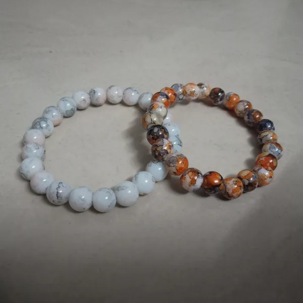 White_And_Orange_Marble_Pattern_Glass_Bead_Stretch_Bracelet_Combo_Set_Of_2_Unisex_Beaded_Bracelet_For_Men_And_Women_Boho_Casual_Everyday_Bracelet_Gift