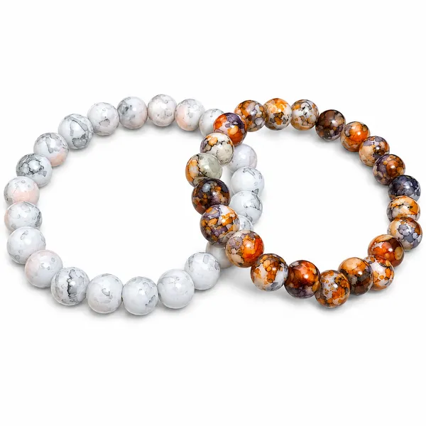 White_And_Orange_Marble_Pattern_Glass_Bead_Stretch_Bracelet_Combo_Set_Of_2_Unisex_Beaded_Bracelet_For_Men_And_Women_Boho_Casual_Everyday_Bracelet_Gift