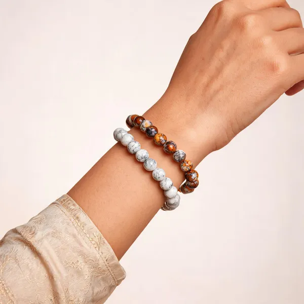 White_And_Orange_Marble_Pattern_Glass_Bead_Stretch_Bracelet_Combo_Set_Of_2_Unisex_Beaded_Bracelet_For_Men_And_Women_Boho_Casual_Everyday_Bracelet_Gift