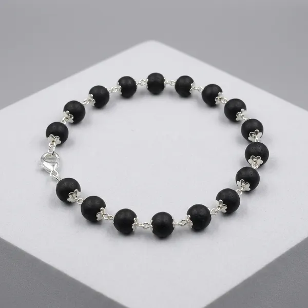 Black_Karungali_Ebony_Wood_Silver_Flower_Cap_Beaded_Bracelet_Unisex