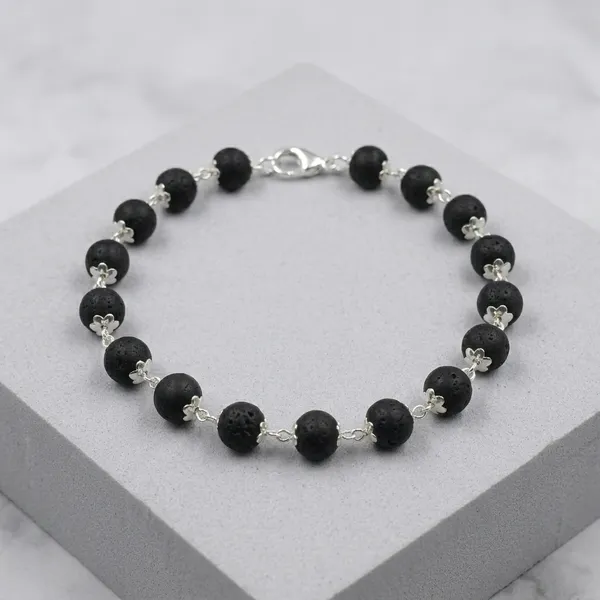 Black_Karungali_Ebony_Wood_Silver_Flower_Cap_Beaded_Bracelet_Unisex