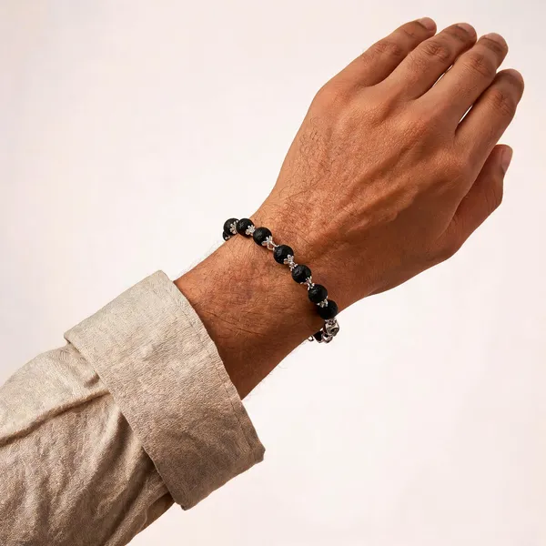 Black_Karungali_Ebony_Wood_Silver_Flower_Cap_Beaded_Bracelet_Unisex