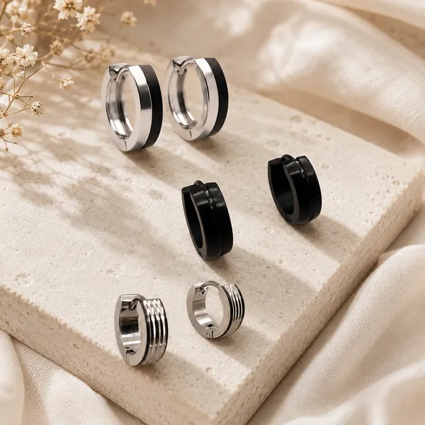 Silver_Black_Stainless_Steel_Huggie_Hoop_Earrings_Combo_Set_For_Men