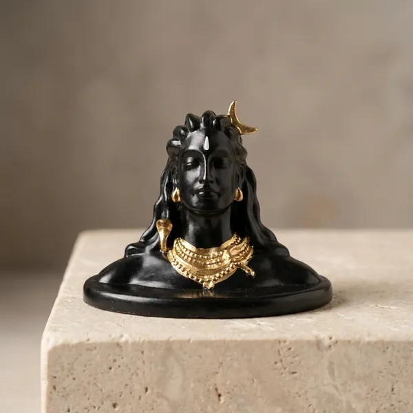 Polyresin_Adiyogi_Shiva_Bust_Idol_Matte_Black_Gold_Accent_Decor