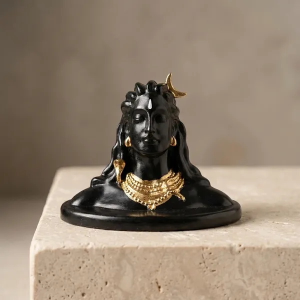 Polyresin_Adiyogi_Shiva_Bust_Idol_Matte_Black_Gold_Accent_Decor