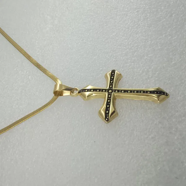 Gold_Stainless_Steel_Gothic_Black_Dotted_Cross_Pendant_Necklace_For_Men