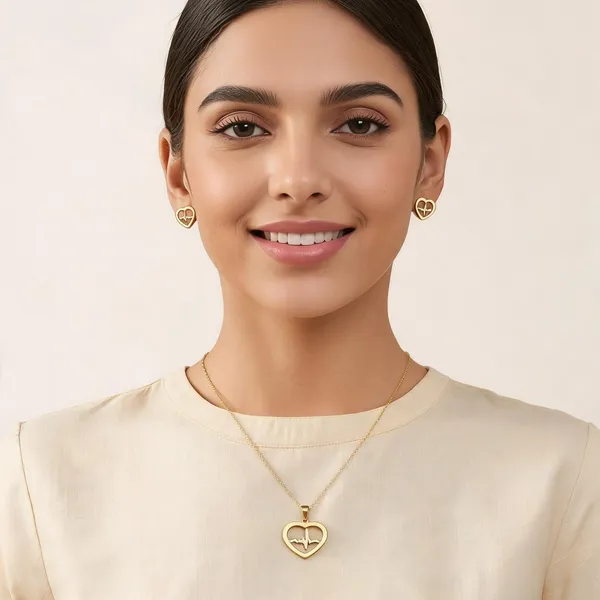 Gold_Plated_Anti_Tanrish_Stainless_Steel_Heartbeat_Pulse_Pendant_Necklace_And_Earrings_Set_For_Women_And_Girls