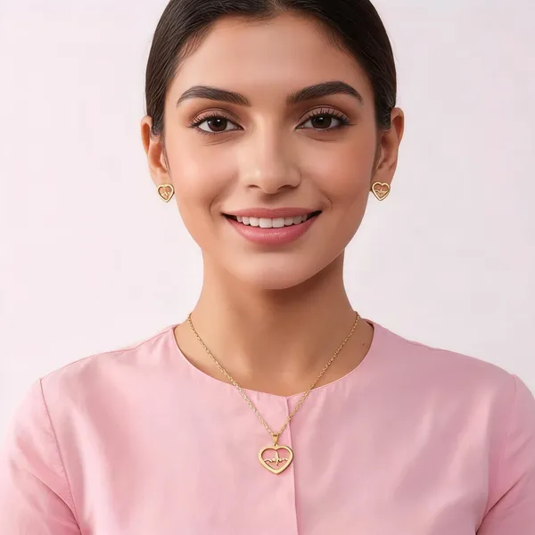 Gold_Plated_Anti_Tanrish_Stainless_Steel_Heartbeat_Pulse_Pendant_Necklace_And_Earrings_Set_For_Women_And_Girls