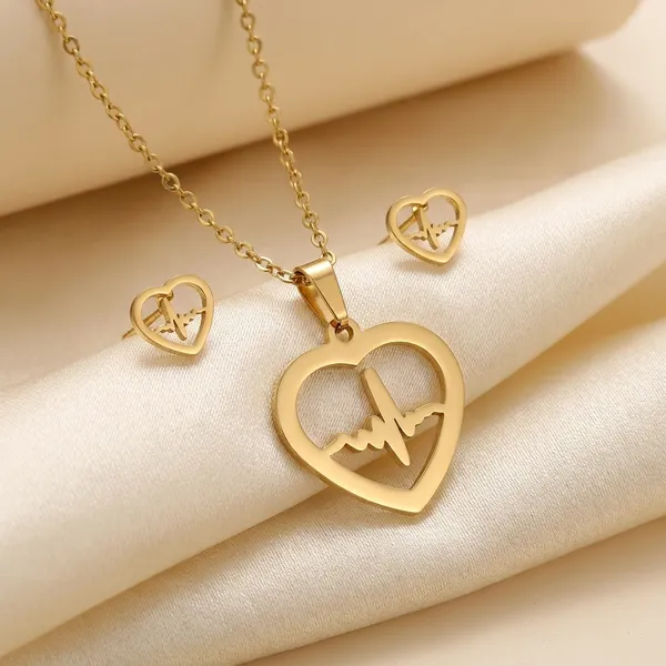 Gold_Plated_Anti_Tanrish_Stainless_Steel_Heartbeat_Pulse_Pendant_Necklace_And_Earrings_Set_For_Women_And_Girls