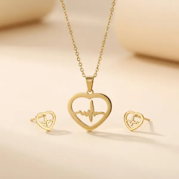 Gold_Plated_Anti_Tanrish_Stainless_Steel_Heartbeat_Pulse_Pendant_Necklace_And_Earrings_Set_For_Women_And_Girls
