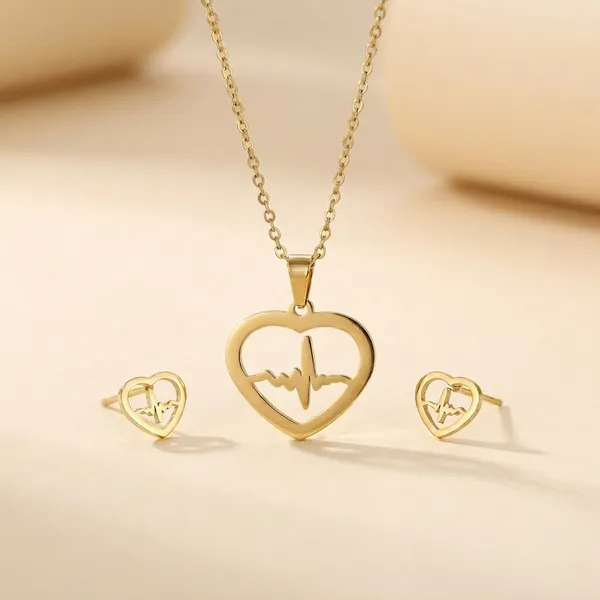 Gold_Plated_Anti_Tanrish_Stainless_Steel_Heartbeat_Pulse_Pendant_Necklace_And_Earrings_Set_For_Women_And_Girls