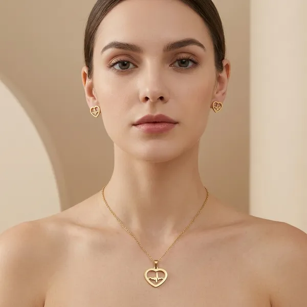 Gold_Plated_Anti_Tanrish_Stainless_Steel_Heartbeat_Pulse_Pendant_Necklace_And_Earrings_Set_For_Women_And_Girls
