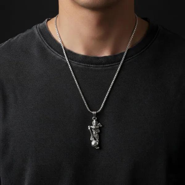 Stainless_Steel_Oxidised_Silver_Hanuman_Gada_Pendant_Necklace_Combo_For_Men