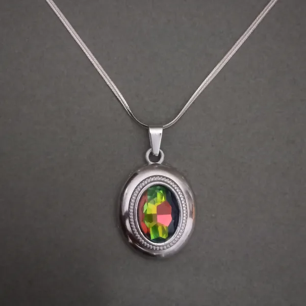 Silver_Anti_Tarnish_Stainless_Steel_Rainbow_Crystal_Oval_Pendant_Necklace_For_Women