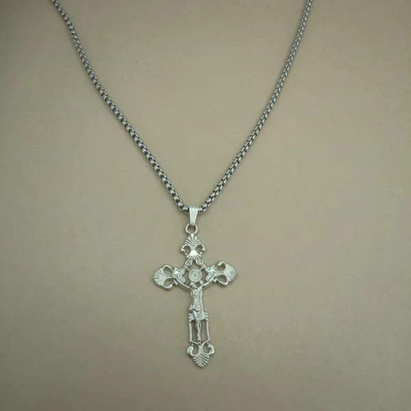 Silver_Stainless_Steel_Baroque_Filigree_Crucifix_Pendant_Necklace_For_Men