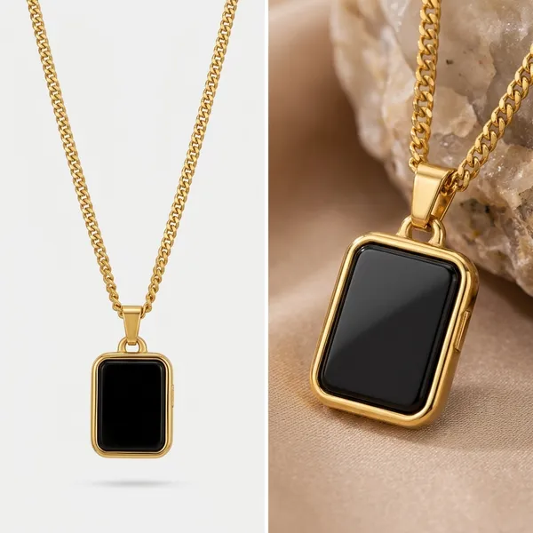 Anti_Tarnish_Stainless_Steel_Rectangle_Black_Stone_Pendant_Necklace_Combo_Set_For_Couple_Matching_Gold_And_Silver_Chain_Locket_Jewelry_For_Men_And_Women