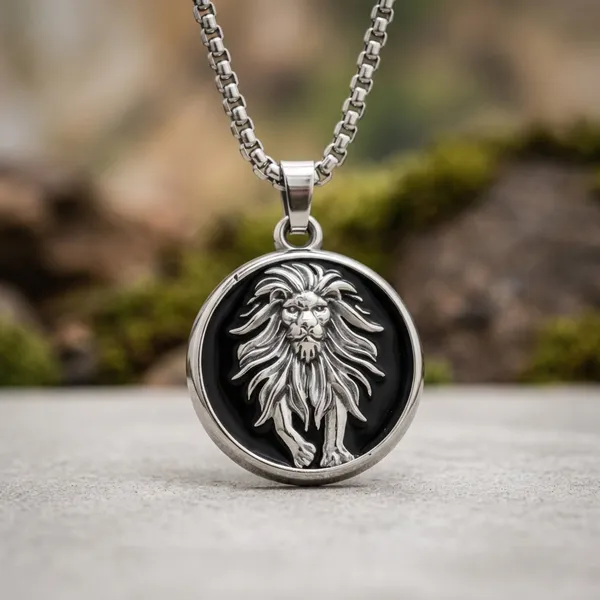 Anti_Tarnish_Silver_And_Black_Lion_Medallion_Pendant_Necklace_With_Stainless_Steel_Box_Chain_For_Men_And_Boys