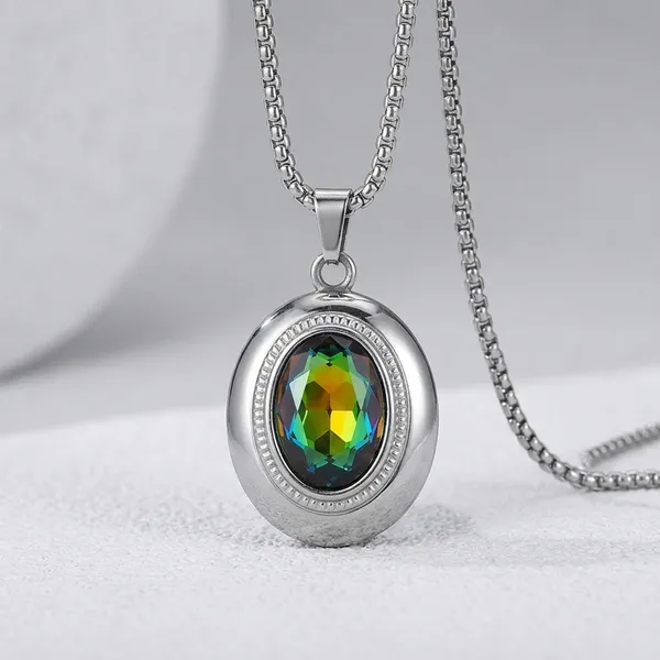 Silver_Anti_Tarnish_Stainless_Steel_Rainbow_Crystal_Oval_Pendant_Necklace_With_Box_Chain_For_Men