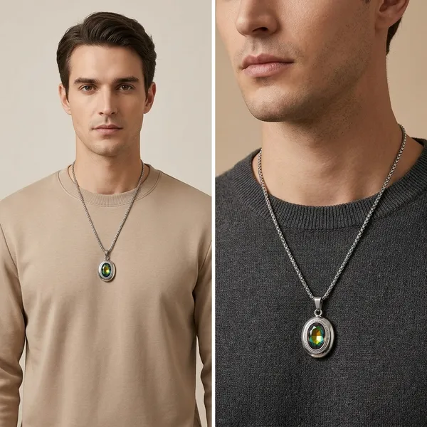 Silver_Anti_Tarnish_Stainless_Steel_Rainbow_Crystal_Oval_Pendant_Necklace_With_Box_Chain_For_Men