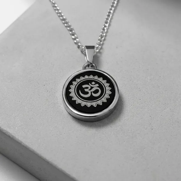 Black_Stainless_Steel_Om_Lotus_Glass_Dome_Pendant_Necklace_For_Men
