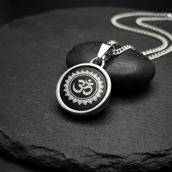 Black_Stainless_Steel_Om_Lotus_Glass_Dome_Pendant_Necklace_For_Men